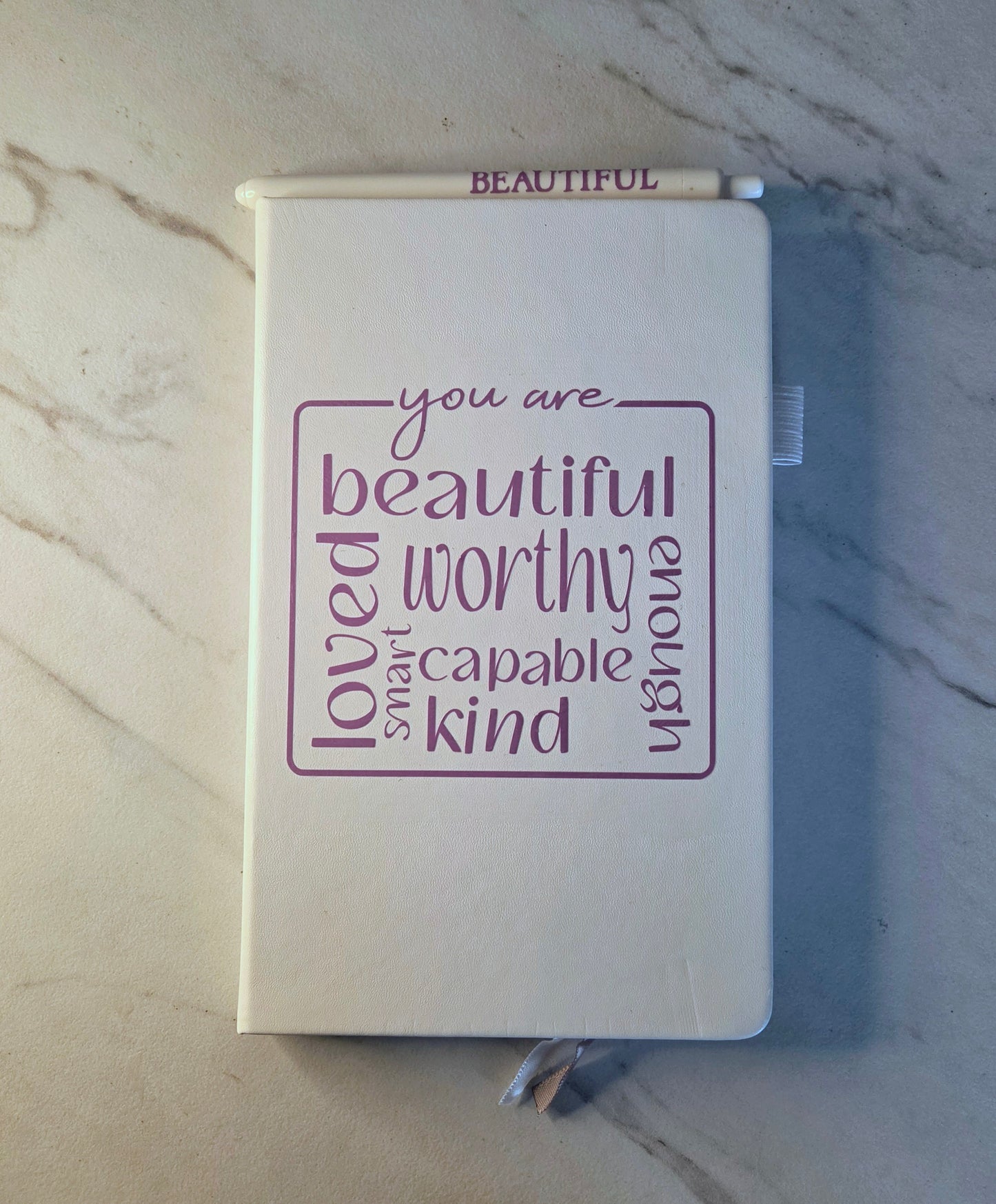 You Are Beautiful Journal, Unique Keepsake, White and Lavender