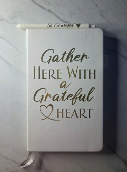 Gather Here With a Grateful Heart Journal, Unique Keepsake, White and Gold Foil