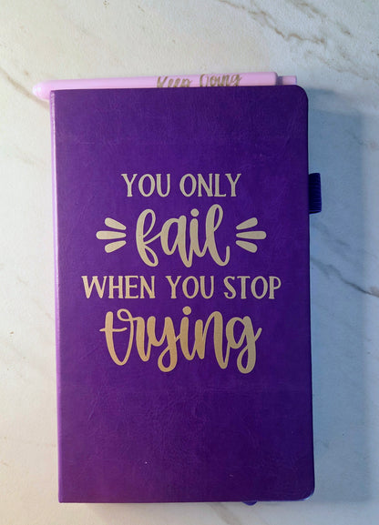 You Only Fail If You Stop Trying Journal, Unique Keepsake, Purple and Gold